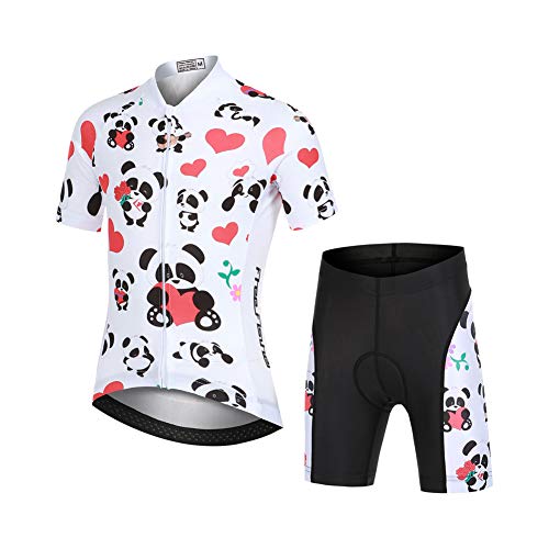 LSHEL Kinder Jungen Radtrikot Set, Mädchen Radbekleidung Anzüge, Quick Dry Radsportanzug, Fahrradtrikot Kurzarm und 3D Sitzpolster Radhose, Süßer Baby Panda, 122/128(Herstellergröße: L) von LSHEL