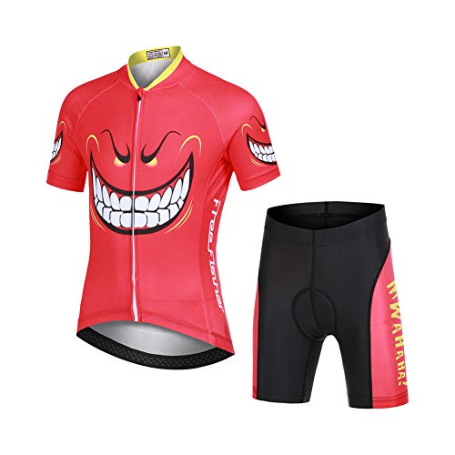 LSHEL Kinder Jungen Radtrikot Set, Mädchen Radbekleidung Anzüge, Quick Dry Radsportanzug, Fahrradtrikot Kurzarm und 3D Sitzpolster Radhose, Teufel lachen, 134/140(Herstellergröße: XL) von LSHEL