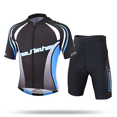 LSHEL Kinder Jungen Radtrikot Set Mädchen Fahrrad Trikot Kurzarm und Radhose mit Sitzpolster Radsport Anzüge, Schwarz blau, 122/128(Herstellergröße: L) von LSHEL