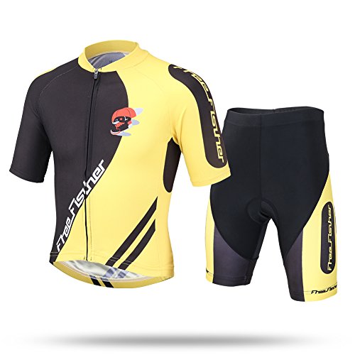 LSHEL Kinder Jungen Radtrikot Set Mädchen Fahrrad Trikot Kurzarm und Radhose mit Sitzpolster Radsport Anzüge, Schwarz gelb, 116(Herstellergröße: M) von LSHEL