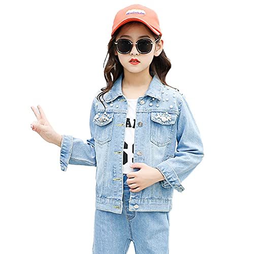 LSHEL Kinder Mädchen Jeansjacke mit Perlen Übergangsjacke Kinderjacke Denim Jacke Frühling Herbst Jacke, Blau, 140 von LSHEL