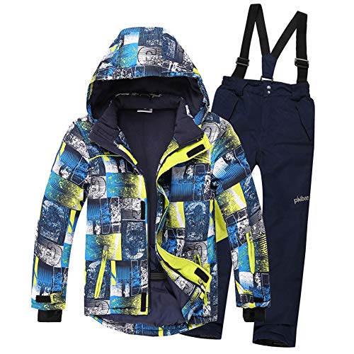 LSHEL Kinder Skianzug Jungen Winddicht und Wasserdicht Softshell Skihose Skijacke Mädchen Verdickung Schneeanzüge, Top + Dunkelblaue Hose, 122-128 von LSHEL