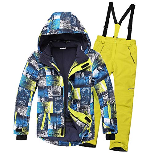 LSHEL Kinder Skianzug Jungen Winddicht und Wasserdicht Softshell Skihose Skijacke Mädchen Verdickung Schneeanzüge, Top + gelbe Hose, 122-128 von LSHEL