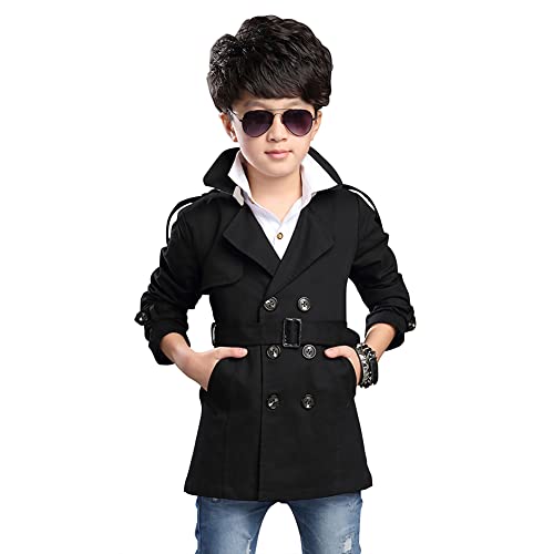 LSHEL Kinder Trenchcoat Jungen Übergangsjacke Klassische Windjacke Frühling Jacke Herbst Mantel, Schwarz, 130 von LSHEL