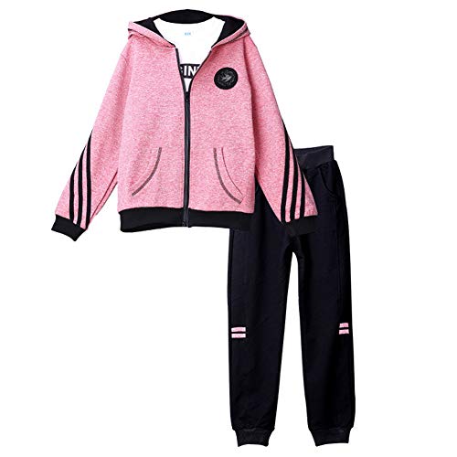 LSHEL Mädchen Jogginganzug Kinder Sportanzug Trainingsanzug 3tlg Bekleidungsset Sweatjacke & T-Shirt & Jogginghose, Roserot,164 von LSHEL