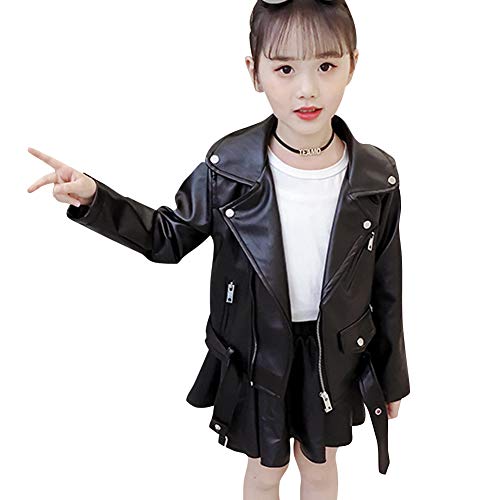 LSHEL Mädchen Leder neuen Frühling und Herbst Kurze PU-Jacke Mode Mädchen Lederjacke, Schwarz, 140 von LSHEL