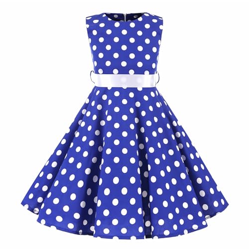 LSHEL Mädchen Vintage Kleider 1950er Hepburn Stil Polka Dots Partykleider Kinder Retro Rockabilly Blumendruck Kleid für Abend Cocktail Prom Faltenkleid, Blau, 11-12 Jahre alt von LSHEL