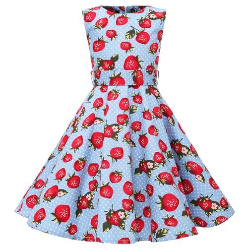 LSHEL Mädchen Vintage Kleider 1950er Hepburn Stil Polka Dots Partykleider Kinder Retro Rockabilly Blumendruck Kleid für Abend Cocktail Prom Faltenkleid, Erdbeere auf Blau, 5-6 Jahre alt von LSHEL