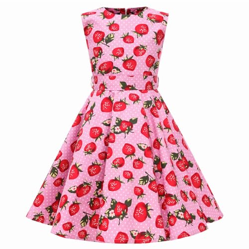 LSHEL Mädchen Vintage Kleider 1950er Hepburn Stil Polka Dots Partykleider Kinder Retro Rockabilly Blumendruck Kleid für Abend Cocktail Prom Faltenkleid, Erdbeere auf Rosa, 7-8 Jahre alt von LSHEL