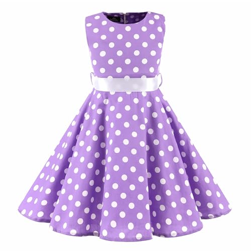 LSHEL Mädchen Vintage Kleider 1950er Hepburn Stil Polka Dots Partykleider Kinder Retro Rockabilly Blumendruck Kleid für Abend Cocktail Prom Faltenkleid, Lila, 11-12 Jahre alt von LSHEL