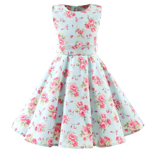 LSHEL Mädchen Vintage Kleider 1950er Hepburn Stil Polka Dots Partykleider Kinder Retro Rockabilly Blumendruck Kleid für Abend Cocktail Prom Faltenkleid, Minzgrün mit Blume, 11-12 Jahre alt von LSHEL