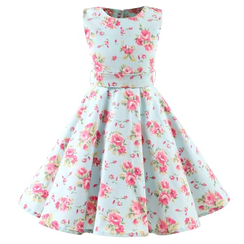 LSHEL Mädchen Vintage Kleider 1950er Hepburn Stil Polka Dots Partykleider Kinder Retro Rockabilly Blumendruck Kleid für Abend Cocktail Prom Faltenkleid, Minzgrün mit Blume, 5-6 Jahre alt von LSHEL