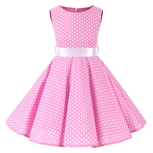 LSHEL Mädchen Vintage Kleider 1950er Hepburn Stil Polka Dots Partykleider Kinder Retro Rockabilly Blumendruck Kleid für Abend Cocktail Prom Faltenkleid, Rosa, 11-12 Jahre alt von LSHEL