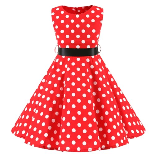 LSHEL Mädchen Vintage Kleider 1950er Hepburn Stil Polka Dots Partykleider Kinder Retro Rockabilly Blumendruck Kleid für Abend Cocktail Prom Faltenkleid, Rot, 11-12 Jahre alt von LSHEL