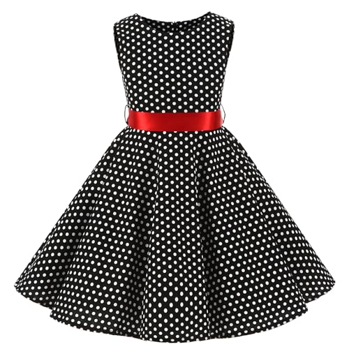 LSHEL Mädchen Vintage Kleider 1950er Hepburn Stil Polka Dots Partykleider Kinder Retro Rockabilly Blumendruck Kleid für Abend Cocktail Prom Faltenkleid, Schwarz mit Rot Gürtel, 11-12 Jahre alt von LSHEL