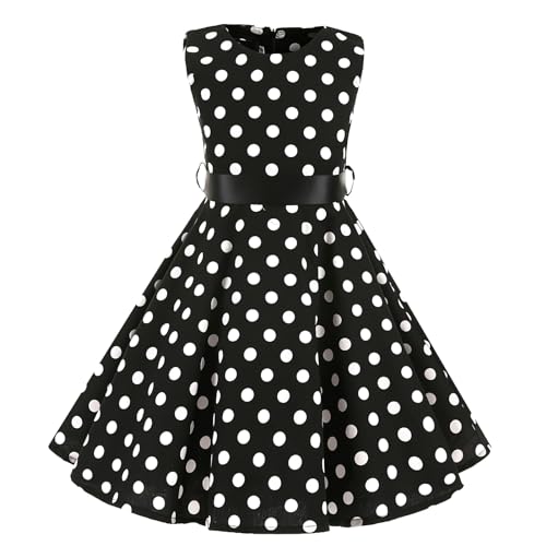 LSHEL Mädchen Vintage Kleider 1950er Hepburn Stil Polka Dots Partykleider Kinder Retro Rockabilly Blumendruck Kleid Prom Faltenkleid, Schwarz mit Schwarz Gürtel, 11-12 Jahre alt von LSHEL