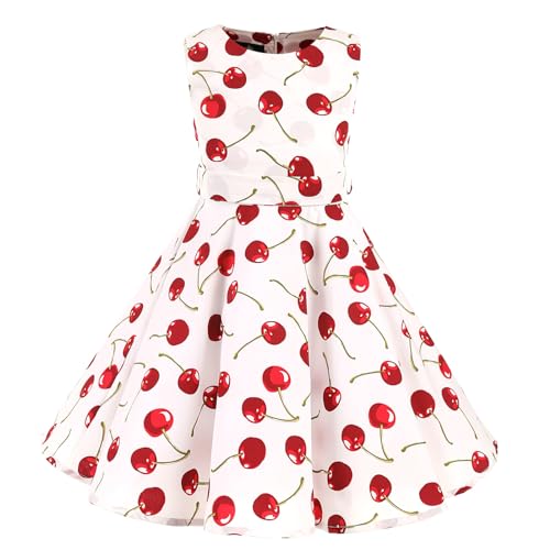 LSHEL Mädchen Vintage Kleider 1950er Hepburn Stil Polka Dots Partykleider Kinder Retro Rockabilly Blumendruck Kleid für Abend Cocktail Prom Faltenkleid, Weiß mit Kirsche, 11-12 Jahre alt von LSHEL