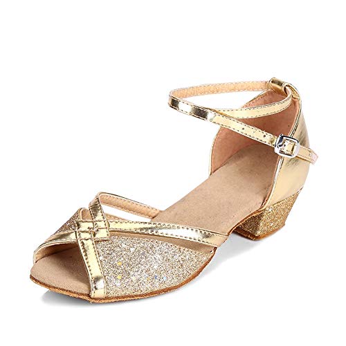 LSHEL Tanzschuhe Mädchen und Damen Peep Toe Hoher Absatz Performance Praxis Tänzer Latin Dance Tanzschuhe, Gold, 27 EU von LSHEL