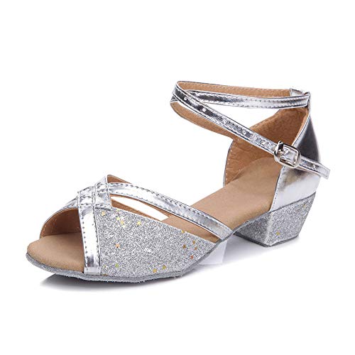 LSHEL Tanzschuhe Mädchen und Damen Peep Toe Hoher Absatz Performance Praxis Tänzer Latin Dance Tanzschuhe, Silber, 36 EU von LSHEL