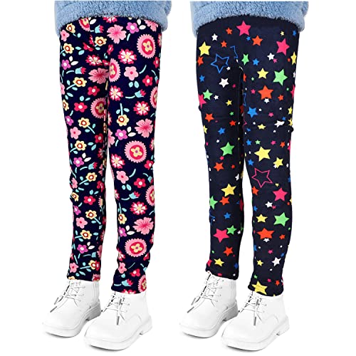 LSHEL Thermoleggings Mädchen Kinder Leggings Gefütterte Leggins Herbst Winter Warm Hose Thermohose Thermoleggins 2 Stück, Blumen+Stern auf Schwarz, 130/5-6 Jahre von LSHEL