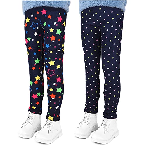 LSHEL Thermoleggings Mädchen Kinder Leggings Gefütterte Leggins Herbst Winter Warm Hose Thermohose Thermoleggins 2 Stück, Farbige Punkte+Stern auf Schwarz, 130/5-6 Jahre von LSHEL