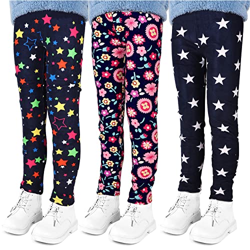 LSHEL Thermoleggings Mädchen Kinder Leggings Gefütterte Leggins Herbst Winter Warm Hose Thermohose Thermoleggins 3 Stück, Blume+Stern auf Schwarz+Weiße Sterne, 150/8-9 Jahre von LSHEL