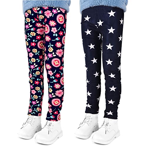 LSHEL Thermoleggings Mädchen Kinder Leggings Gefütterte Leggins Herbst Winter Warm Hose Thermohose Thermoleggins 2 Stück, Blume + Weiße Sterne, 120/3-4 Jahre von LSHEL