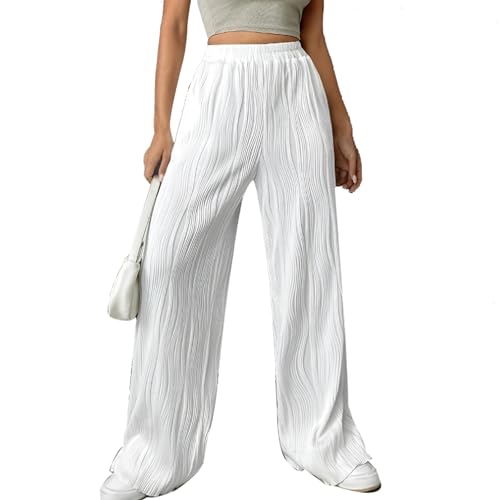Freizeithosen mit Weitem Bein für Frauen, Elastische Krawattenhosen mit Hoher Taille, Gestrickte Jacquard-Hose, Locker und Fließend, Boho Strandhosen, Weiß (Color : White, Size : L) von LSHZMR