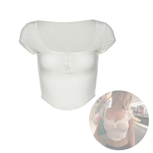Frauen Transparente T-Shirts Crop Top Sommermode V-Ausschnitt Knöpfe Kurzarm Kurz Pullover T-Shirts von HULKAY