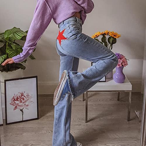 LSJSN 90Er Jahre Streetwear Pentagram Patches Low Waist Jeans Damen Neue Ästhetische Denimhose Street Outfits Girl Flare Pants,Blau,M von LSJSN