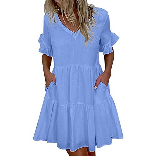 LSKFA Sommerkleid Kleider Damen Sommer Strandkleid Damen Elegant Rüschen Blusenkleid Partykleid Mini Kleid OPW51-MW9N1 Blau L von LSKFA