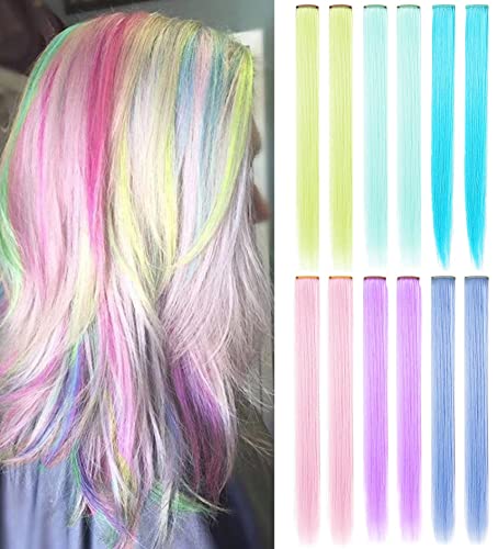 LSKJMO 12 Stück 20 Zoll Licht Regenbogen Perücke Stücke Bunte Party Highlights Clip in Farbigen Haarverlängerungen Multicolors Gerade Synthetische Haarteile für Damen von LSKJMO