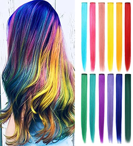 LSKJMO Rainbow Wig Pieces Colorful Party Highlights Clip in Coloured Hair Extensions Multicolors Straight Synthetic Hairpieces for Women Girls von LSKJMO