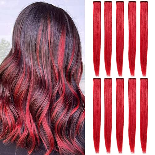 LSKJMO 10 Pcs 20 inch Red Wig Pieces Colorful Party Highlights Clip in Coloured Hair Extensions Red Straight Synthetic Hairpieces for Women Girls von LSKJMO