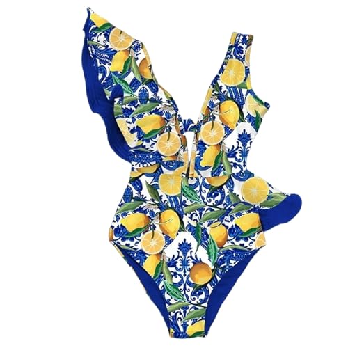 LSLY Badeanzug Rüschen Print Floral Einteiliger Badeanzug Aus Der Schulter Bademode Frauen Deep-v Beachwear Badeanzug-na19589be-xxl von LSLY