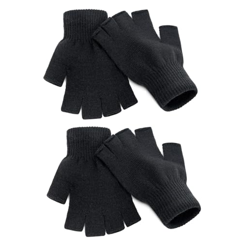 LSOJFE 2 Paare Schwarz Halbfinger Handschuhe für Männer Frauen Warme Winter Fingerlose Handschuhe von LSOJFE