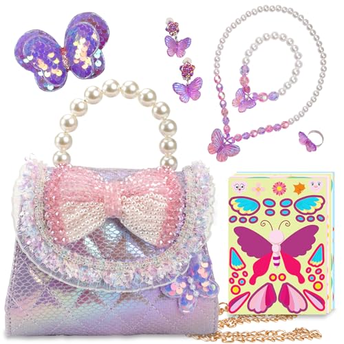 LSSAGOON Schmetterling Handtasche Mädchen, Verstellbarem Kleine Umhängetasche, Geldbeutel mit Anzieh-Schmuckset, Kinder Crossbody Bag, Geschenke für Geburtstag Xmas von LSSAGOON