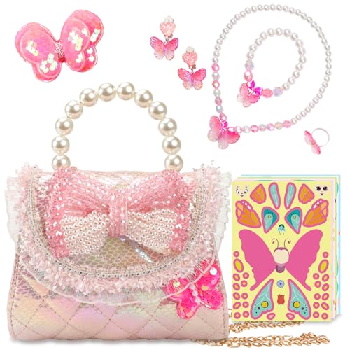 LSSAGOON Schmetterling Handtasche Mädchen, Verstellbarem Kleine Umhängetasche, Geldbeutel mit Anzieh-Schmuckset, Kinder Crossbody Bag, Geschenke für Geburtstag Xmas von LSSAGOON