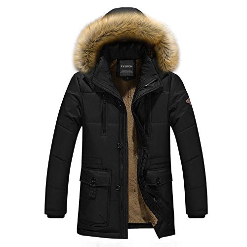 LSSM Gepolsterte Winter-Herrenjacke Mit Mittellangem Pelzkragen Und Gepolsterter Fleece-Kapuzenjacke GefüTterter Kapuze Wahlweise Warm GefüTtert Jacke Cargo Winterparka Schwarz L von LSSM