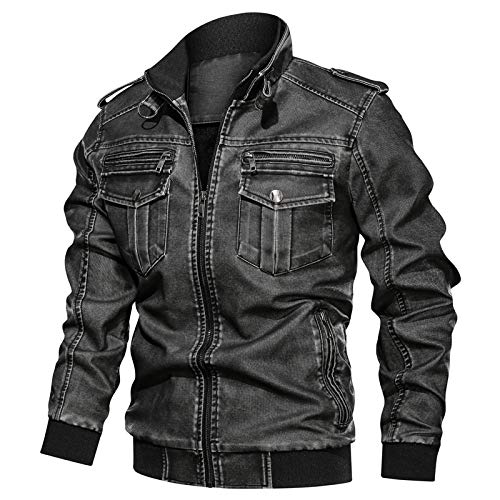 LSSM Herbst Retro-Motorrad-Pu-Lederjacke Lose Multi-Pocket-Herren-Lederjacke MäNner üBergangsjacke Leicht Winter Jacke Herbstjacke Fliegerjacke Stehkragen Bomberjacke Schwarz L von LSSM