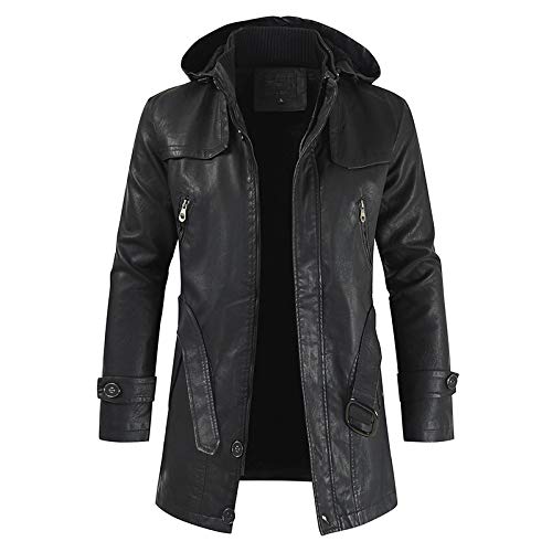 LSSM Herren Mittellange Lederjacke Pu-Leder Trenchcoat Herrenjacke Strickjacke Kapuzen Jacke Hoodie Sweatjacke Freizeitjacke Kapuzenpullover Winddichte Wasserdichte Schwarz L von LSSM