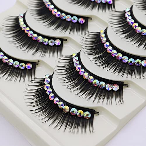 LSTHK Falsche Wimpern, 5 Paare 3D Fake Lashes Natürlich Look Bunte Künstliche Wimpern, Fluffy False Eyelashes für Die Arbeit, Dating, Party, Cosplay (Hotfix Rhinestone-Black) von LSTHK