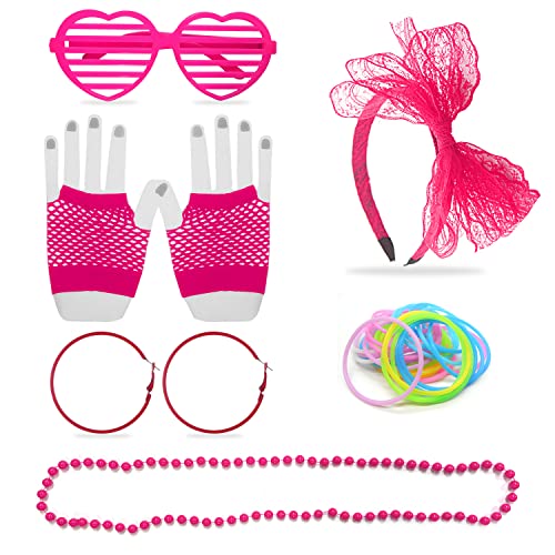 15-teiliges 80er-Jahre-Kleidungszubehör-Make-up-Set, Spitze, Haarschmuck, Neon-Halsketten, Vintage-Ohrringe, Netzhandschuhe, buntes Silikon-Armband, Herz, Brille, 80er-Jahre-Retro-Party-Motto-Party von LSYYSL