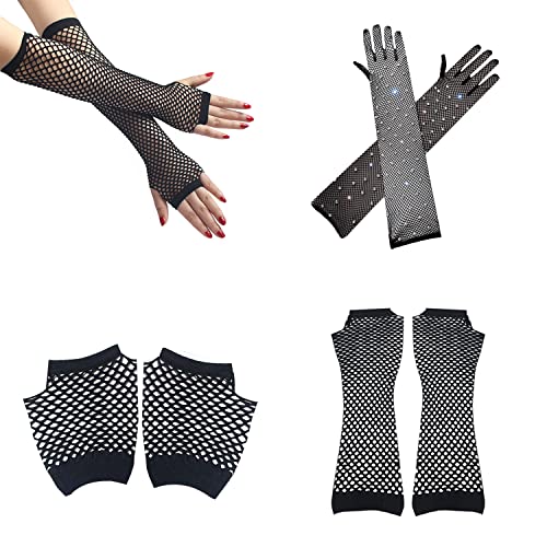 LSYYSL 3 Paar lange und kurze Netzhandschuhe, fingerlose Mesh-Vintage-Handschuhe, elastische Netzhandschuhe der 80er Jahre, Netzhandschuhe mit leuchtenden Diamanten für Themenpartys, Bars. von LSYYSL