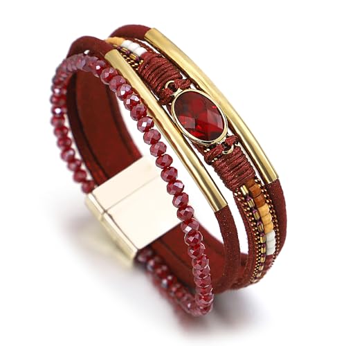 LSZBYHOK Edelstein Armband Damen, Handgefertigtes Mehrschichtiges Boho- Armband, Modische Wickelarmbänder Aus Leder Mit Perlen Und Kristallanhängern, Für Frauen Und Männer, Rot von LSZBYHOK