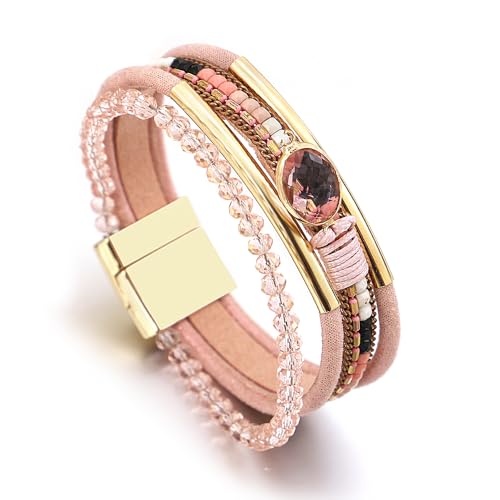 LSZBYHOK Kristall Armband, Handgefertigtes Mehrlagiges Boho- Armband, Modische Wickelarmbänder Aus Leder Mit Perlen Und Kristallanhängern, Für Damen Und Herren, Rosa von LSZBYHOK