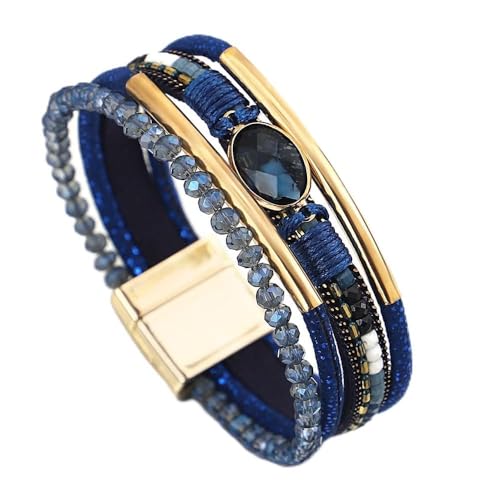 LSZBYHOK Naturstein Armband Damen, Handgefertigtes Mehrlagiges Boho- Armband, Modische Wickelarmbänder Aus Leder Mit Perlen Und Kristallanhängern, Für Damen Und Herren, Tiefblau von LSZBYHOK