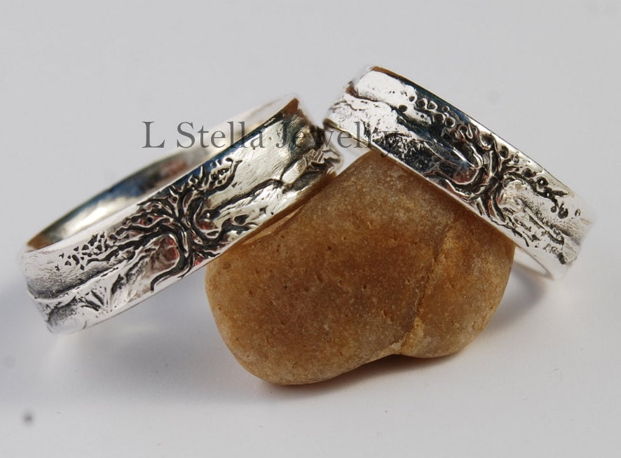 Baum Bergbänder Sterling Band Set 6, 5 Mm Silberbänder, Silber Landschaftsbänder Des Lebens Bänder, Baumhochzeitsbänder / von LStellaJewelry