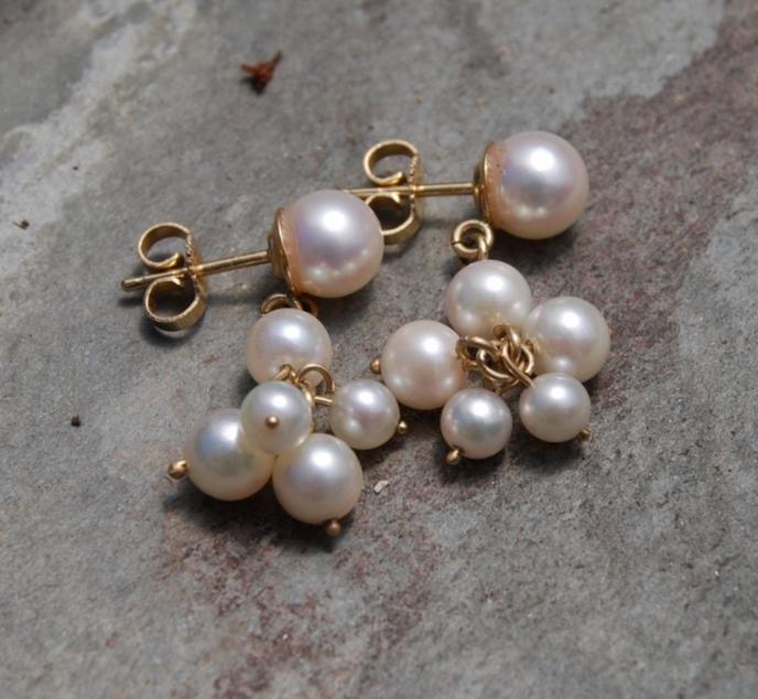 Goldperlenohrringe 14K Dome Perle, Tropfen Perlencluster, Zuchtperlenohrringe, Edler Schmuck, Muttertag Gelbgold Perlenohrring von LStellaJewelry