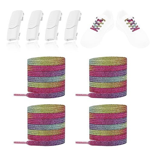 LT Easiyl 2 Paar Glänzende Farbige Elastische Schnürsenkel mit 2 Paar Weißer Magnetschnalle No Tie Schnürsenkel mit Magnetischem Schnürsenkelverschluss-Clip für Kinder Und Erwachsene von LT Easiyl